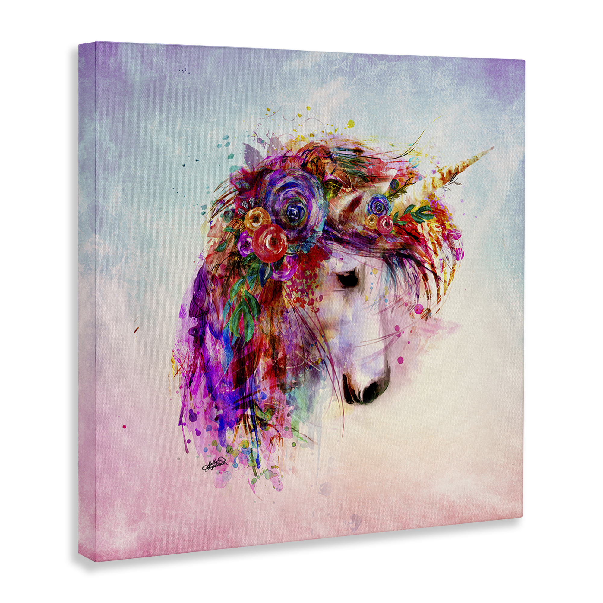 Stupell Industries Abstract Unicorn with Florals Fantasy & Sci-Fi Painting Wrapped Canvas Art Print Wall Art, 36 x 36