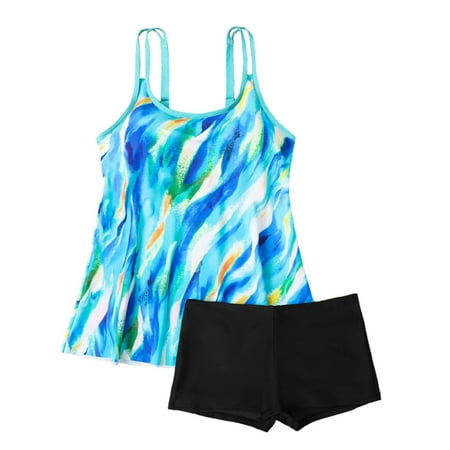 Busydd Plus Size Tankini Swimsuits for Women S-5XL Trendy Floral Print Bathing Suits Round Neck Two Piece Swimsuit for Women with Boyshorts