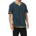 thumbnail image 5 of V Neck Medieval Peasant Tunic, V Neck Medieval Renaissance Tunic Top, Decorative Trim Short Sleeve Viking Peasant Cosplay Shirt for Adult Larp Halloween Party,Earth Tone Casual Historical Top, Navy L, 5 of 5