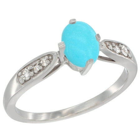 - 14k White Gold Diamond Natural Turquoise Engagement Ring Oval 7x5mm, sizes 5 - 10