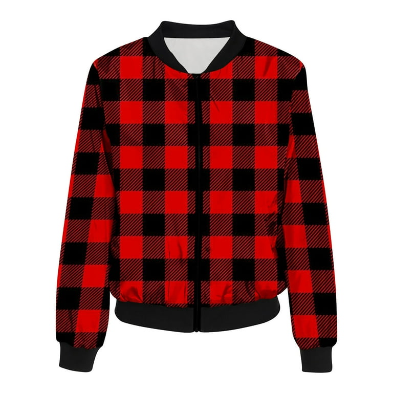 Women Casual Jacket Classic Plaid Bomber Jacket Zip Up Lightweight