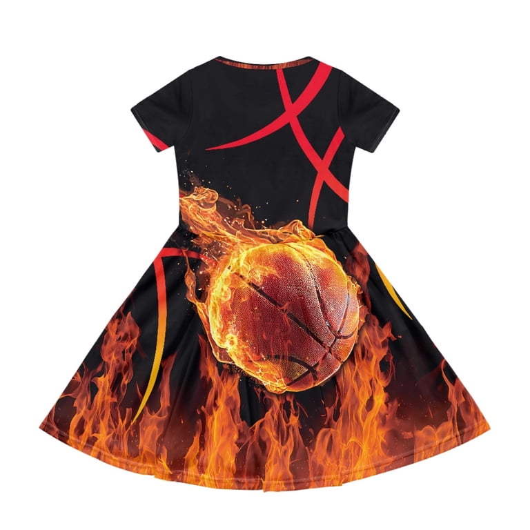 casual dresses for 14 year olds Uourmeti Flaming Basketball Print Short Sleeve Dress With Pockets Stretchy Girls Summer Dress 2-14 Years Old 1 pc Skirt Dpytoraw Women Autumn Casual Size:32X32 and cool to wear Japanese Clothing Men