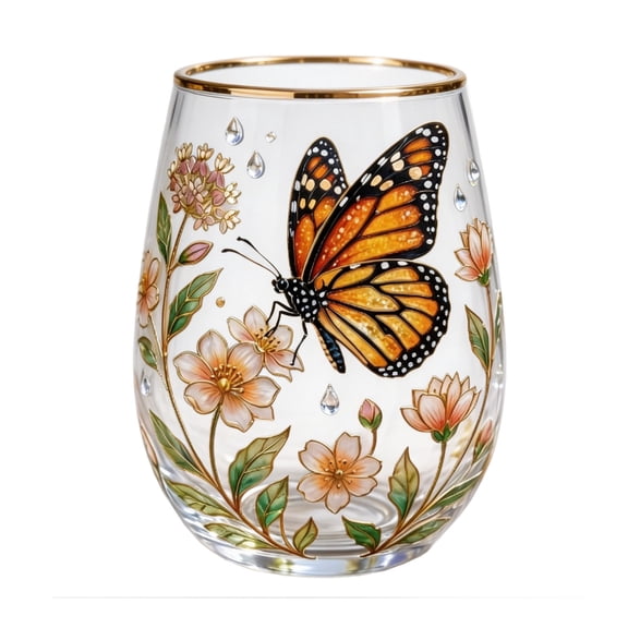 SLYNSHome Butterfly Floral Stemless Glass Cup With Gold Rim, Elegant Water Drinking Tumbler, Birthday Gift For Women, Home Kitchen Decorative Glassware