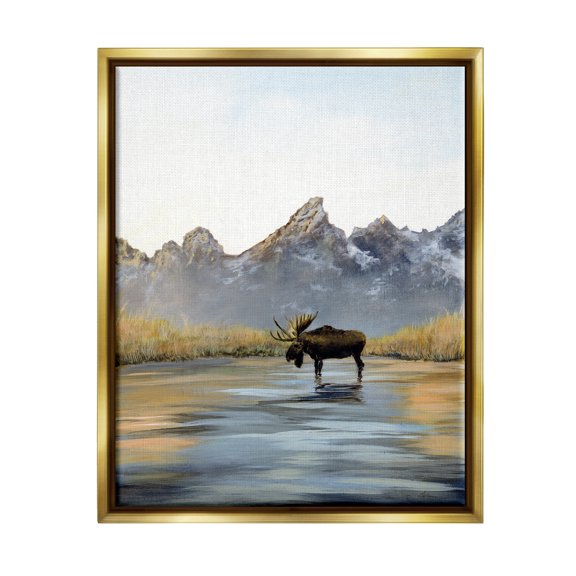 Stupell Industries Moose in Lake Scenery Nature Painting Gold Floater Framed Art Print Wall Art, 17 x 21