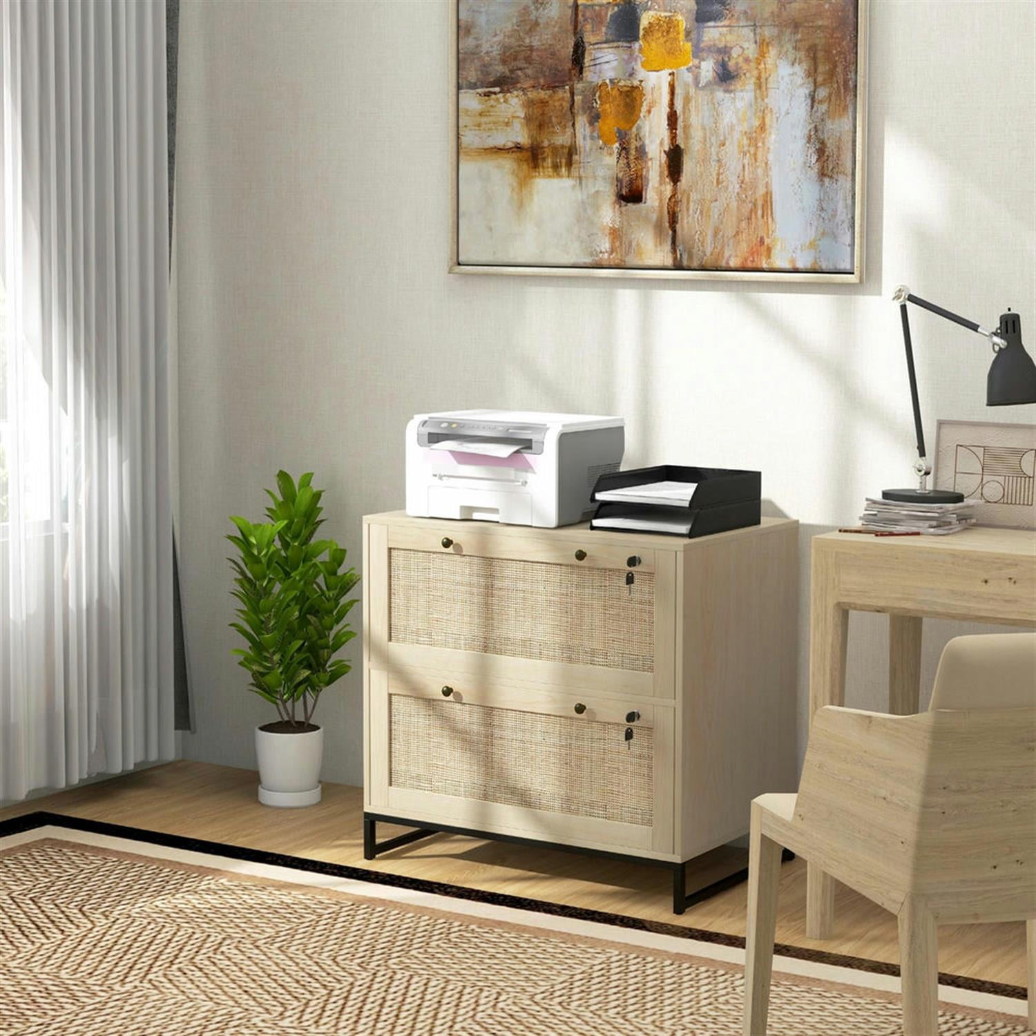 Demi Bonn Boho 2-Drawer Filing Cabinet with Adjustable Hanging Bar, for Letter, A4 and Legal Size, Home Office, Lockable File Cabinet, Beige