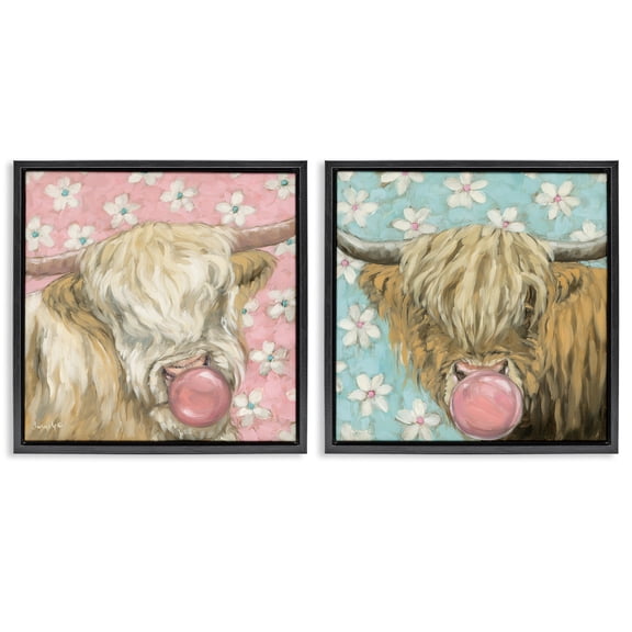 Stupell Industries Cute Bubblegum Highland Cattles 2 Piece Black Framed Floater Canvas Set, design by Sara G. Designs