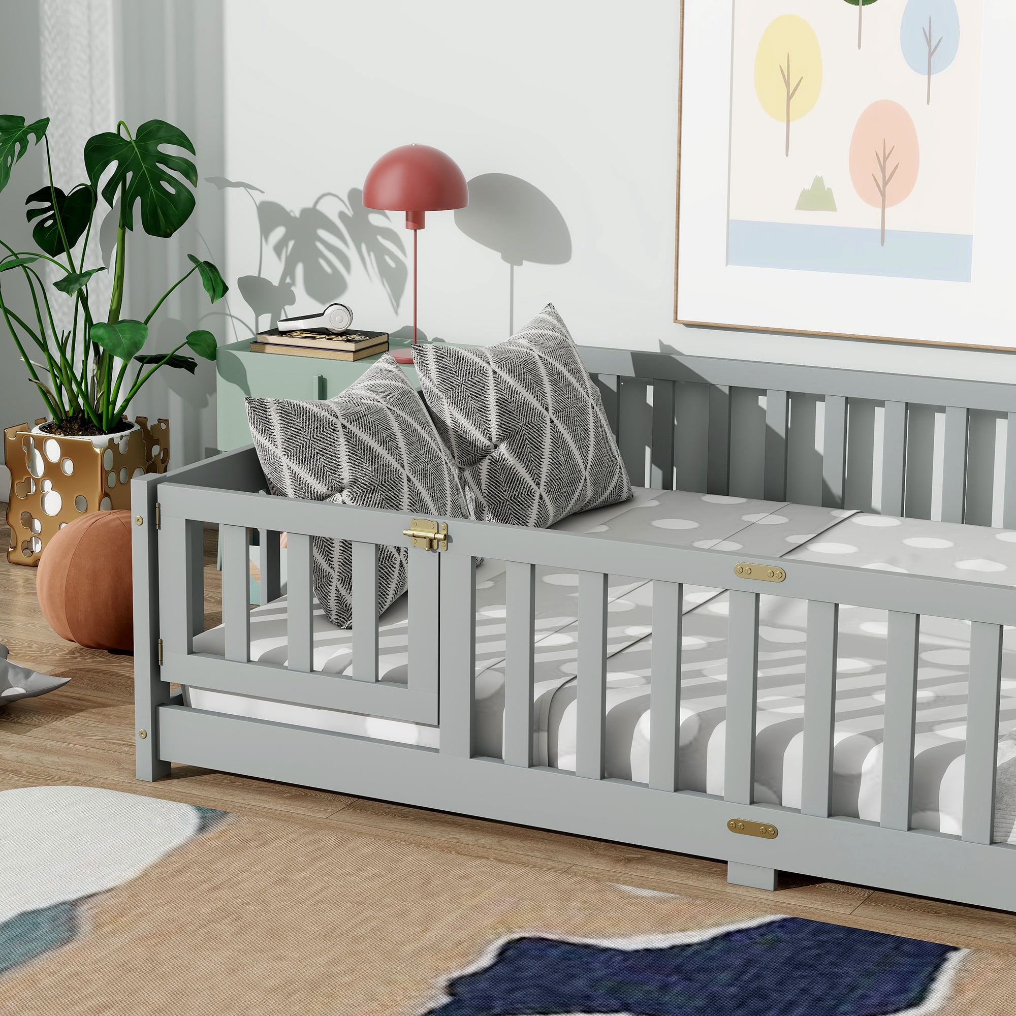 Miniyam Full Size Floor Bed with Guardrails and Door for Kids, Gray