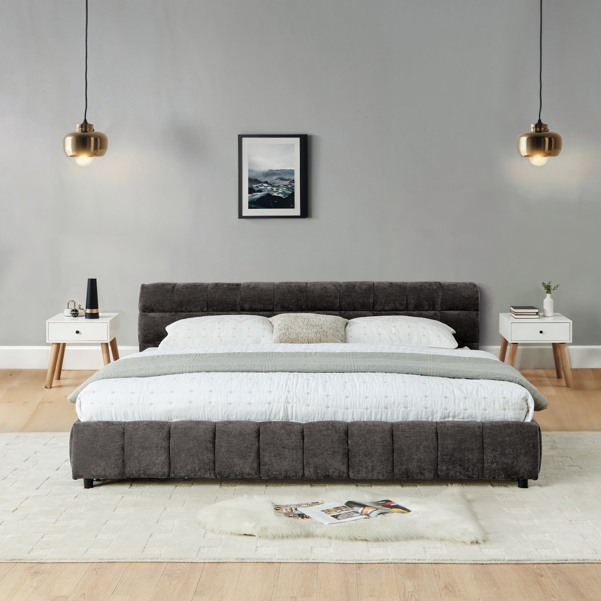 Harper & Bright Designs California King Size Upholstered Bed Frame with Storage Drawers, Chenille Platform Bed with Headboard and Solid Frame for Bedroom, Dark Gray