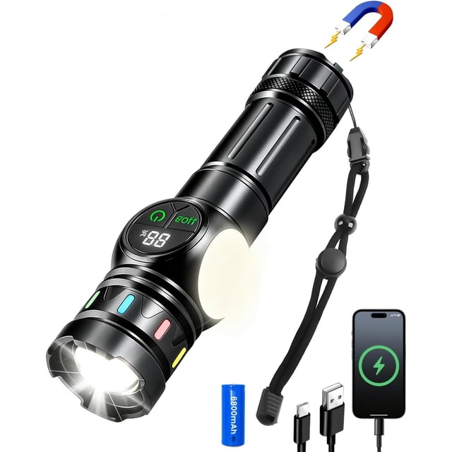 Linterna Led Recargable,1800 Lúmenes Linternas Led alta Potencia, 6800mAh Lampara de Mano, Entrada y Salida USB-C, Lampara Tactica Militar, 9 Modos de Luz para Camping/Emergencias