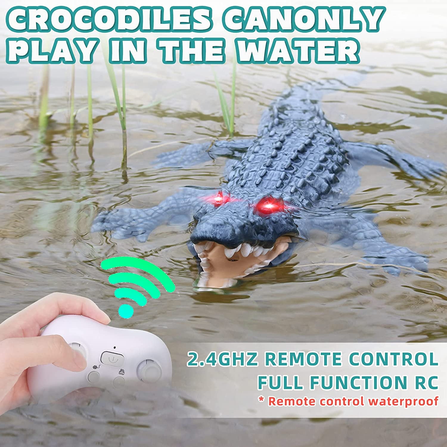 SSAWcasa 2.4GHz Remote Control Crocodile Toy, RC Crocodile with Glowing Eyes Simulated Alligator RC Boat Toys for Kids Aged 6+ (Black)