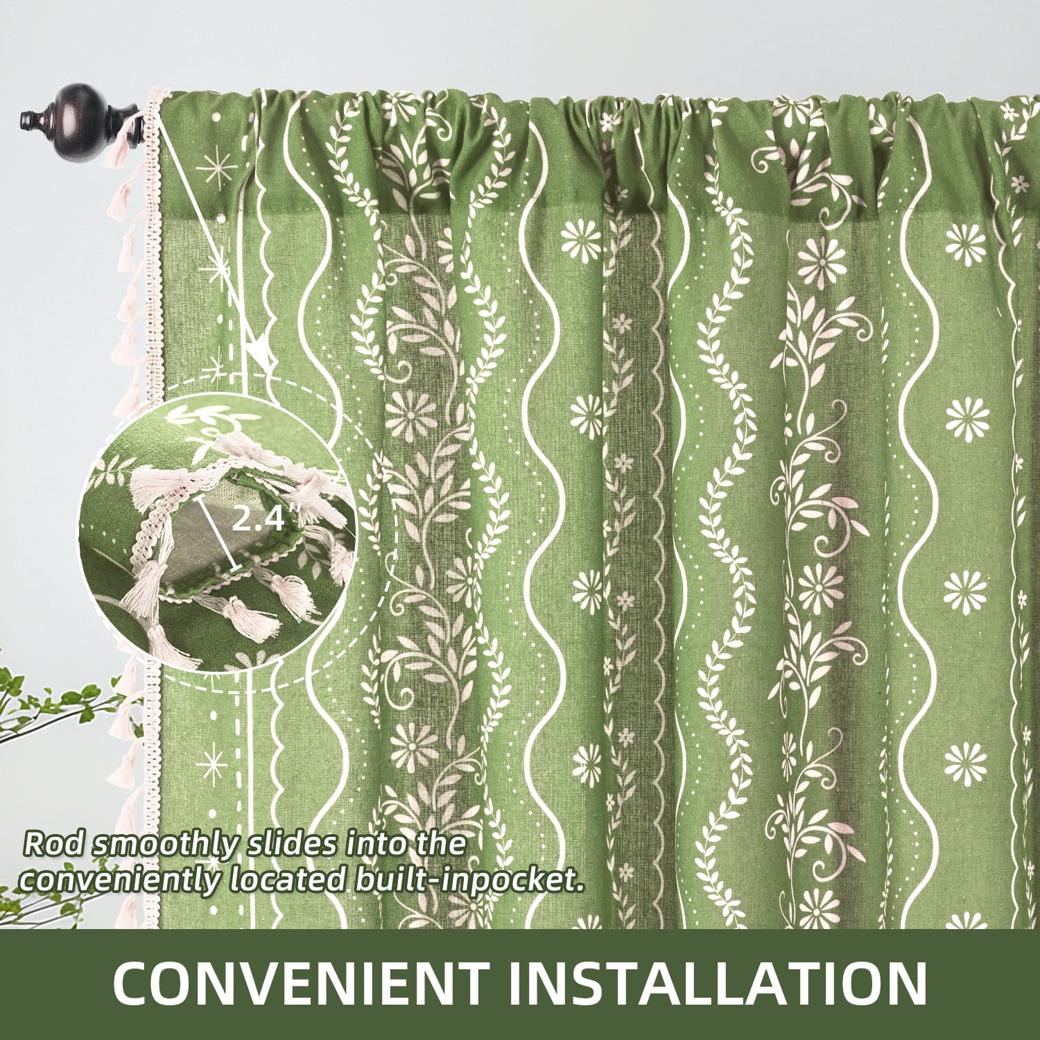 Invoibler Boho Farmhouse Sage Green Light Filtering Linen Curtains with Tassels & White Pattern, 52"x 84", 2 Panels