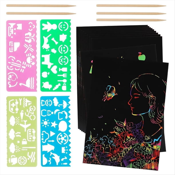Juego de Arte de Papel para Rascar de Arcoíris, Suministros de Papeles para Rascar, Hojas Negras para Dibujar, Manualidades, Tarjetas de Notas (59 Piezas)