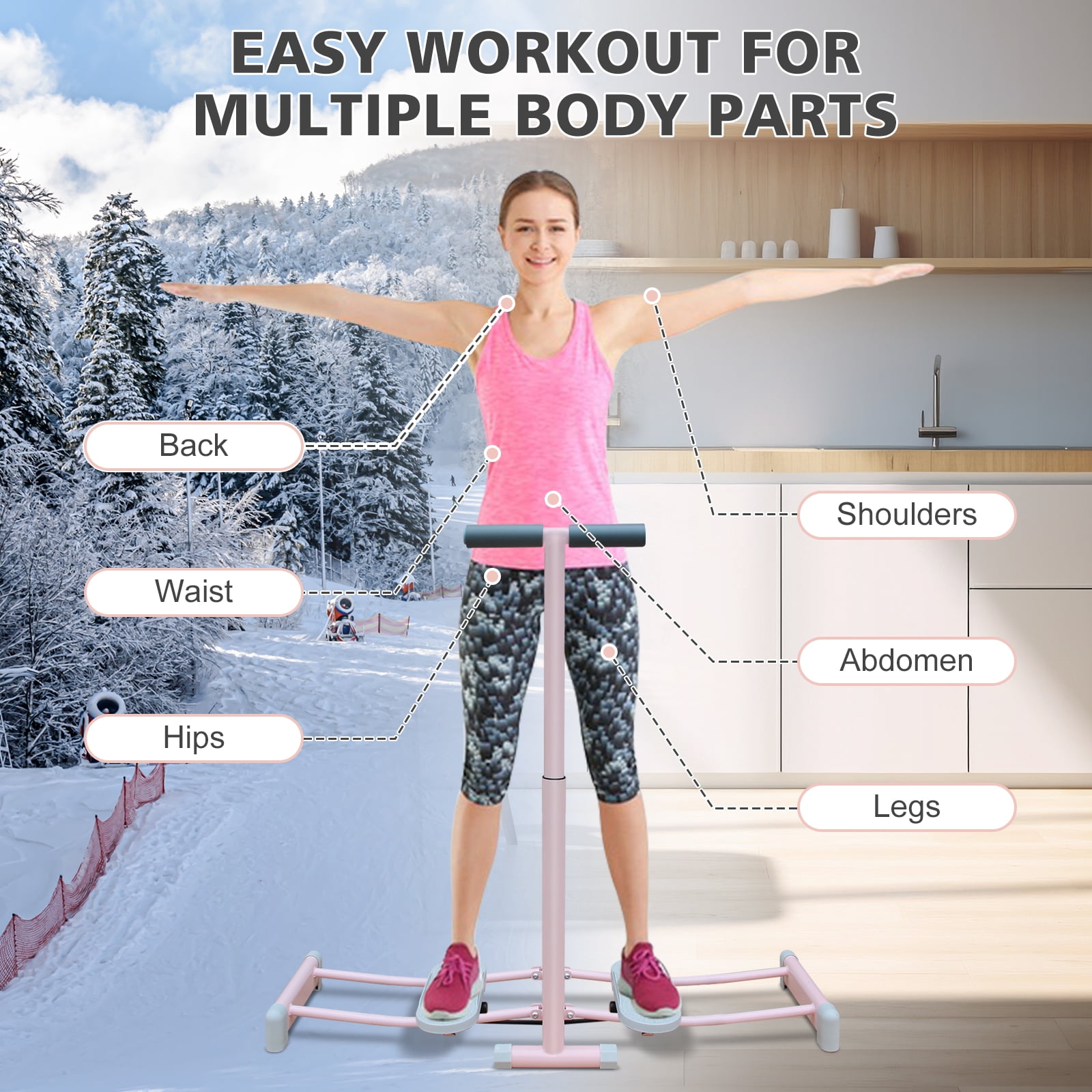 Foldable Ski Machine Trainer Low Impact Cardio Full Body Workout Home Gym Equipment with Adjustable Armrests 4 Level Resistance Portable Space Saving Design for Indoor Fitness Core Leg Glute Training