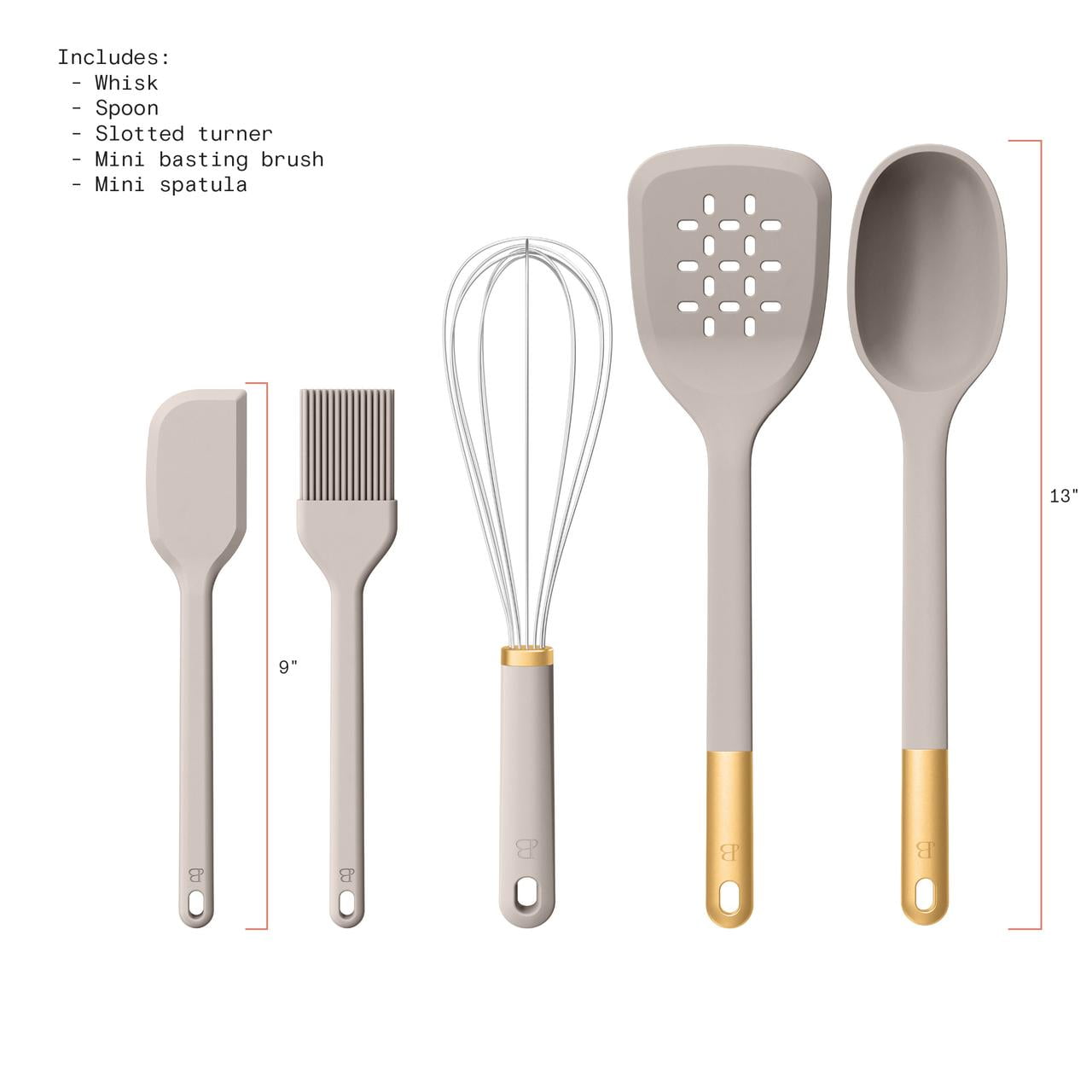 Beautiful by Drew Barrymore 5-Piece Kitchen Tool Set, Porcini Taupe