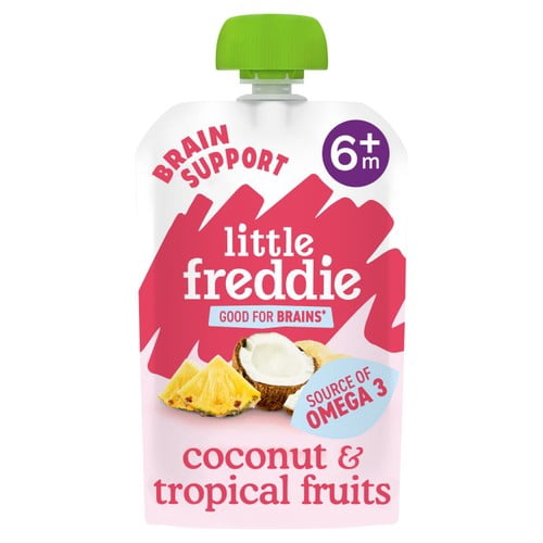 Little Freddie Organic Good for Brains Coconut & Tropical Fruits Pouch 6+ M 90g, British Import (Pack of 2)
