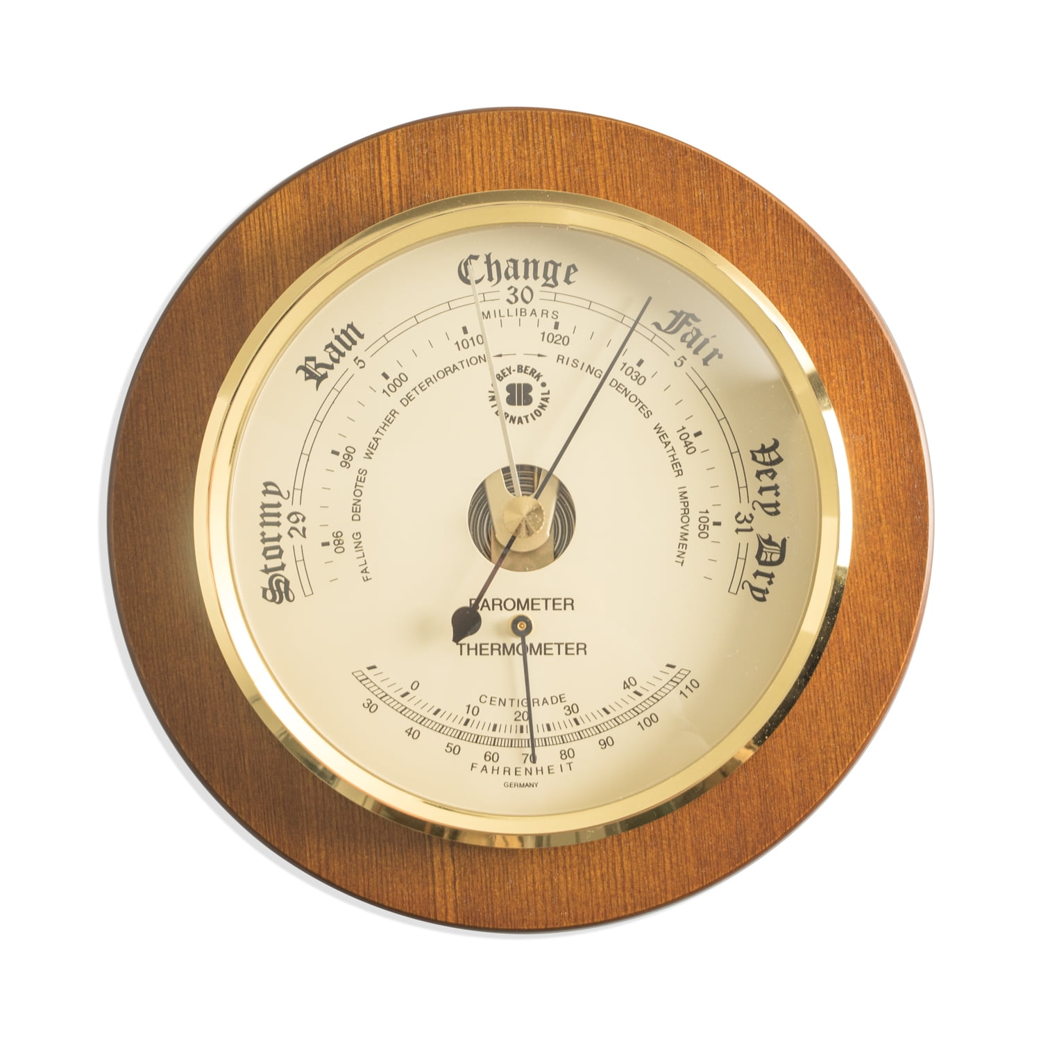 Barometer with Thermometer on 9" Cherry Wood with Brass Bezel