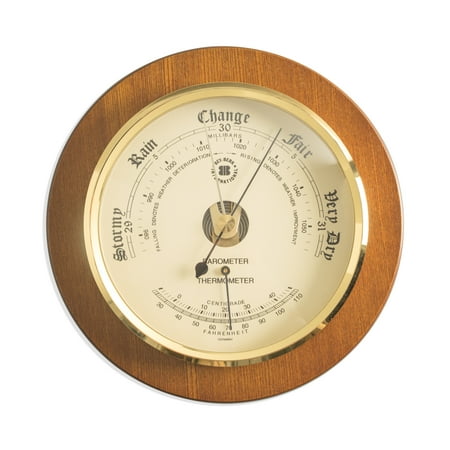 Barometer with Thermometer on 9" Cherry Wood with Brass Bezel.