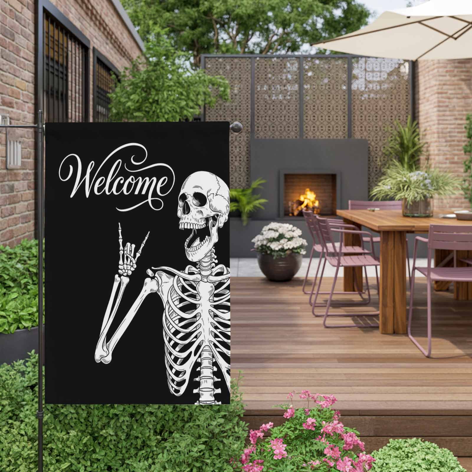 Welcome Skull House Flag 28 x 40 Inches, Funny Skeleton Abstract Black Background Weather Proof Outdoor Patio Flags Double Sided Small House Decoration for Yard Lawn Outside Home