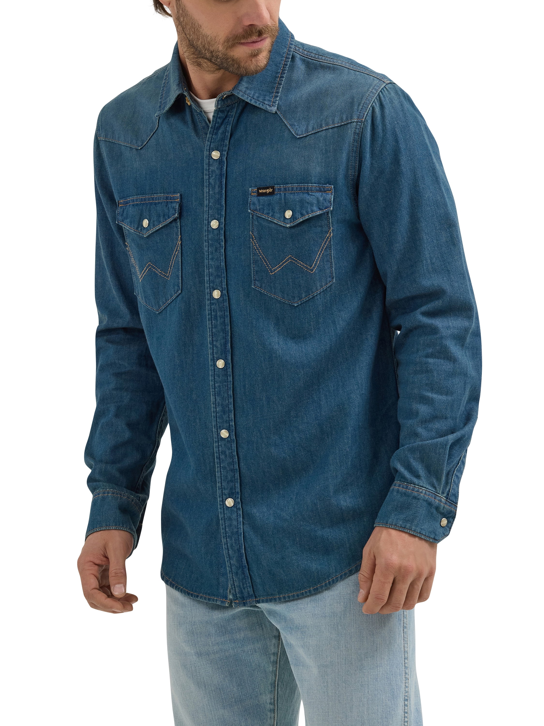 Wrangler Men's Stonewash Denim Work Shirt, Light Indigo, Long