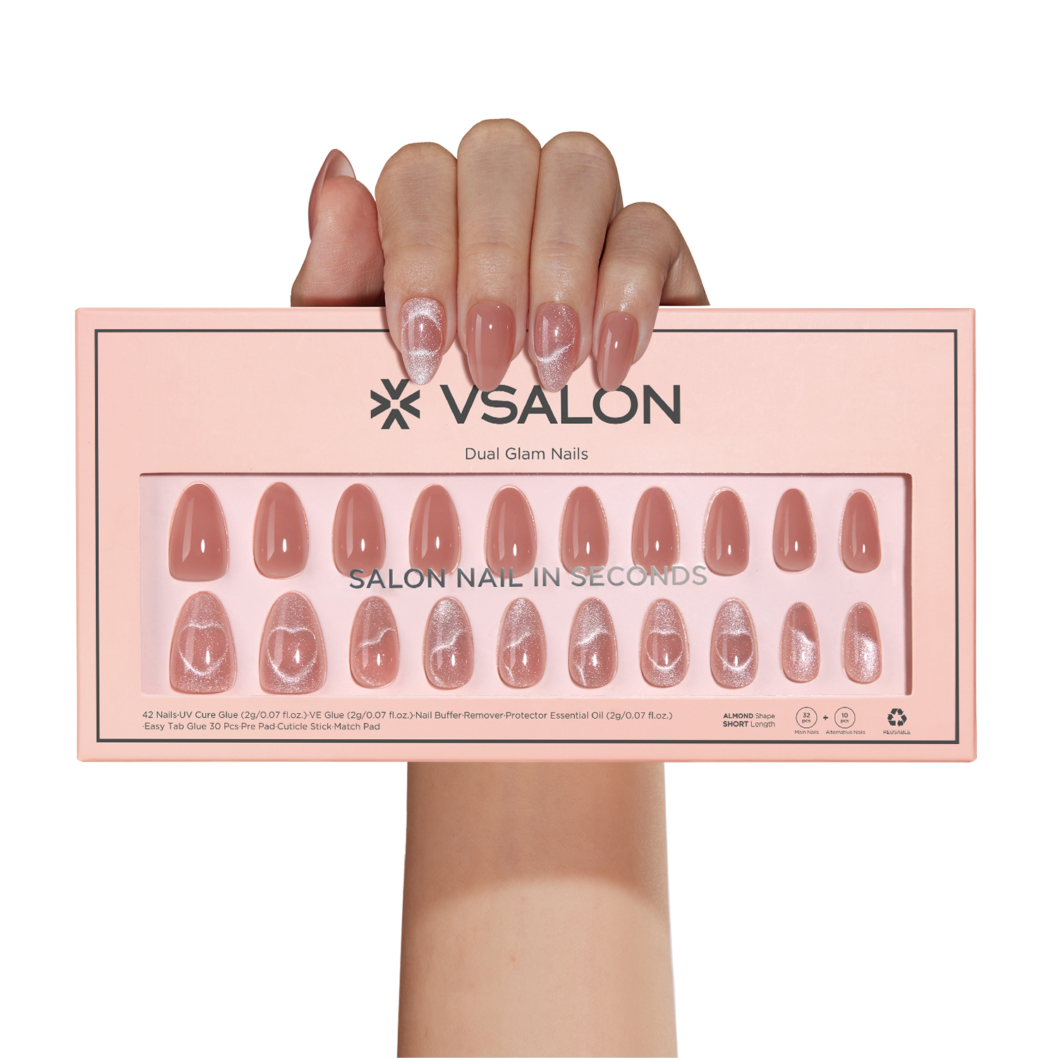 VSALON 42 Count Almond Press-On Nails, 32 PCS Pink French Tip & Cat Eye Nails, 2 Sets of 21 PCS Each, Full Well Tips, Plastic Material, False Nails, Up to 28 Days Wear, UV Glue Included