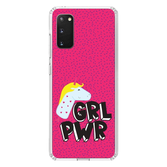 DistinctInk Clear Shockproof Hybrid Case for Galaxy S20 / S20 5G (6.2" Screen) - TPU Bumper, Acrylic Back, Tempered Glass Screen Protector - Girl Power - GRL PWR - Unicorn Pink Background