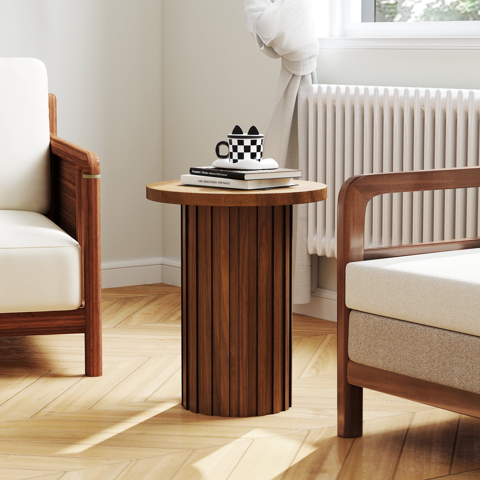 Round Side End Table 22" Tall Fluted Small End Table for Small Spaces, Modern Farmhouse Wooden Accent Table Small Drink Table for Living Room Bedroom(Walnut)