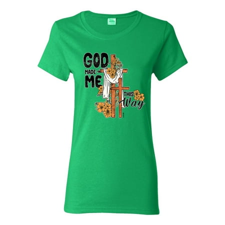 Wild Bobby God Made Me This Way Cross with Sunflowers Inspirational/Christian Women Graphic Tee  Kelly  Small