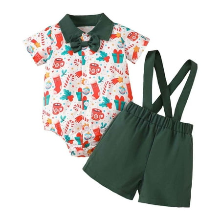 

WUXIAN Toddler Boys Girls Christmas Short Sleeve Cartoon Printed Romper Bodysuits Spaghetti Strap Shorts Outfits Infants Baby Clothes Children Leisure Dailywear