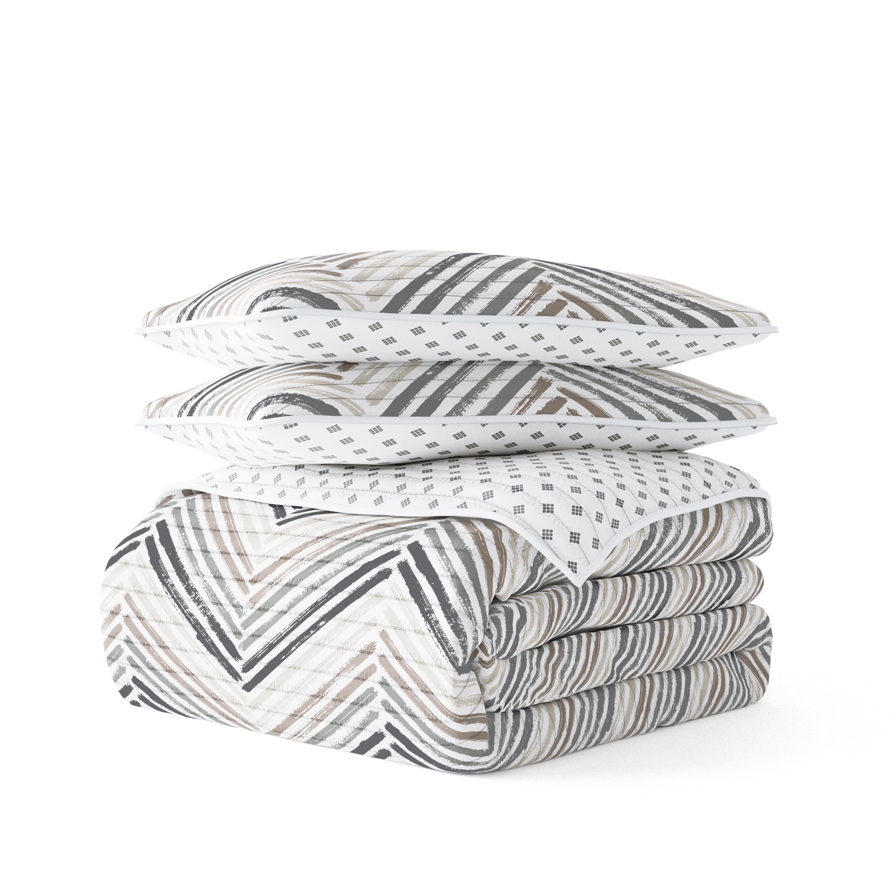 Noble Linens Light Gray 3 Piece Diamond Chevron Reversible Microfiber Quilt Set, Queen / Full