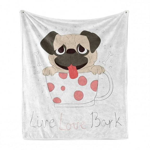 Pug Soft Flannel Fleece Throw Blanket, Live Love Bark Words with a Puppy in a Tea Cup Happiness Funny Image, Cozy Plush for Indoor and Outdoor Use, 70" x 90", Pink Black Pale Pink, by Ambesonne