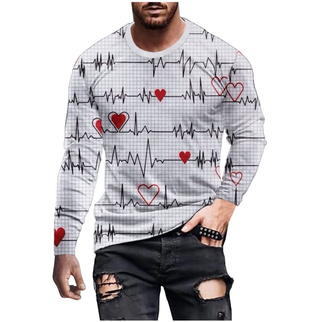 Pompotops T-Shirt Décontracté à Manches Longues et Col Rond pour Hommes, Imprimé 3D, Saint-Valentin, en Solde