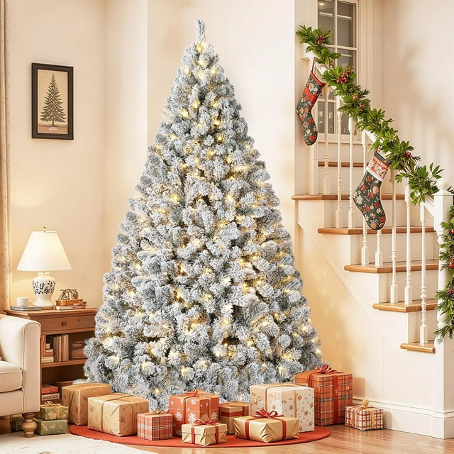 9 ft Christmas Tree, Christmas Decorations with 900 Lights, Pre-lit Artificial Christmas Tree with 1800 Snowy White PVC Branches, Flodable Metal Stand&Easy Assembly