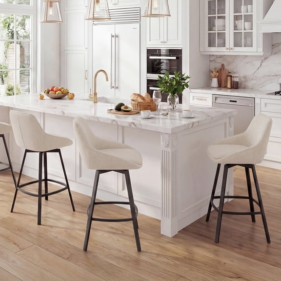 Zesthouse Swivel Bar Stools Set of 3, 25.6″ Upholstered Linen Counter Height Barstools with Backs, Modern Kitchen Chairs with Metal Legs, Beige