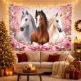 thumbnail image 3 of Three Horse Portraits with Pink Bow and Floral Arrangement Romantic Illustration for Animal Lovers Equestrian Wall Art Housewarming Gift Tapestry Wall Hanging for Bedroom and Living Room, 3 of 7