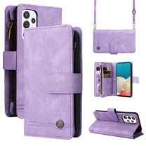 Feishell for Samsung Galaxy A23 5G 6.6 inch Zipper Wallet Case with Wrist Strap & Shoulder Strap,Premium PU Leather Magnetic Clasp Flip Holder Card Slots Crossbody Phone Case for Women Men,Purple