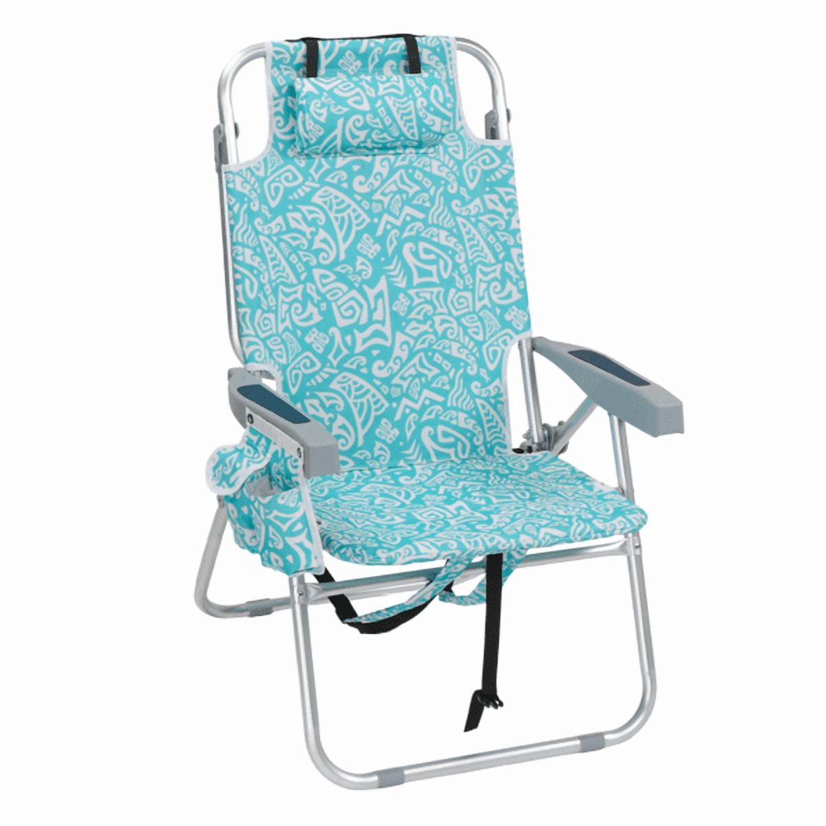 Folding Beach Chair 5-Position Adjustable Backrest Lay Flat Higher Seat Portable Outdoor Chair with Storage Pockets Cup Holder Lightweight Aluminum Frame