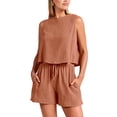 thumbnail image 1 of Conjunto de pantalones cortos de 2 piezas de verano para mujer, camiseta sin mangas, pantalones cortos de cintura alta, color marrón claro S, 1 of 2
