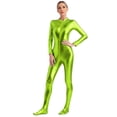 thumbnail image 4 of YONGHS Women's Shiny Holographic Unitard Zentai Jumpsuit Mock Neck Zipper Front Bodysuits Catsuits Grass Green M, 4 of 7