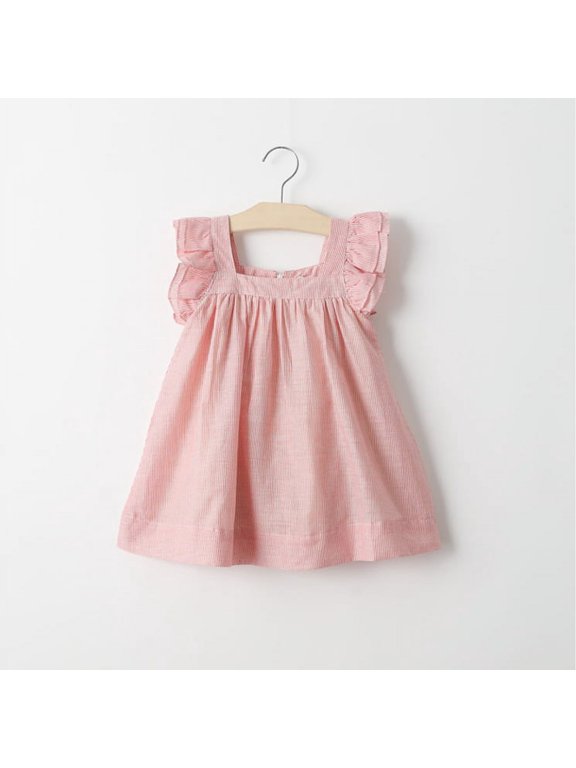 Toddler Little Kids Dress Pink Green Cute Ruffle Sleeve Lined Cotton Sundress 2-7 Years