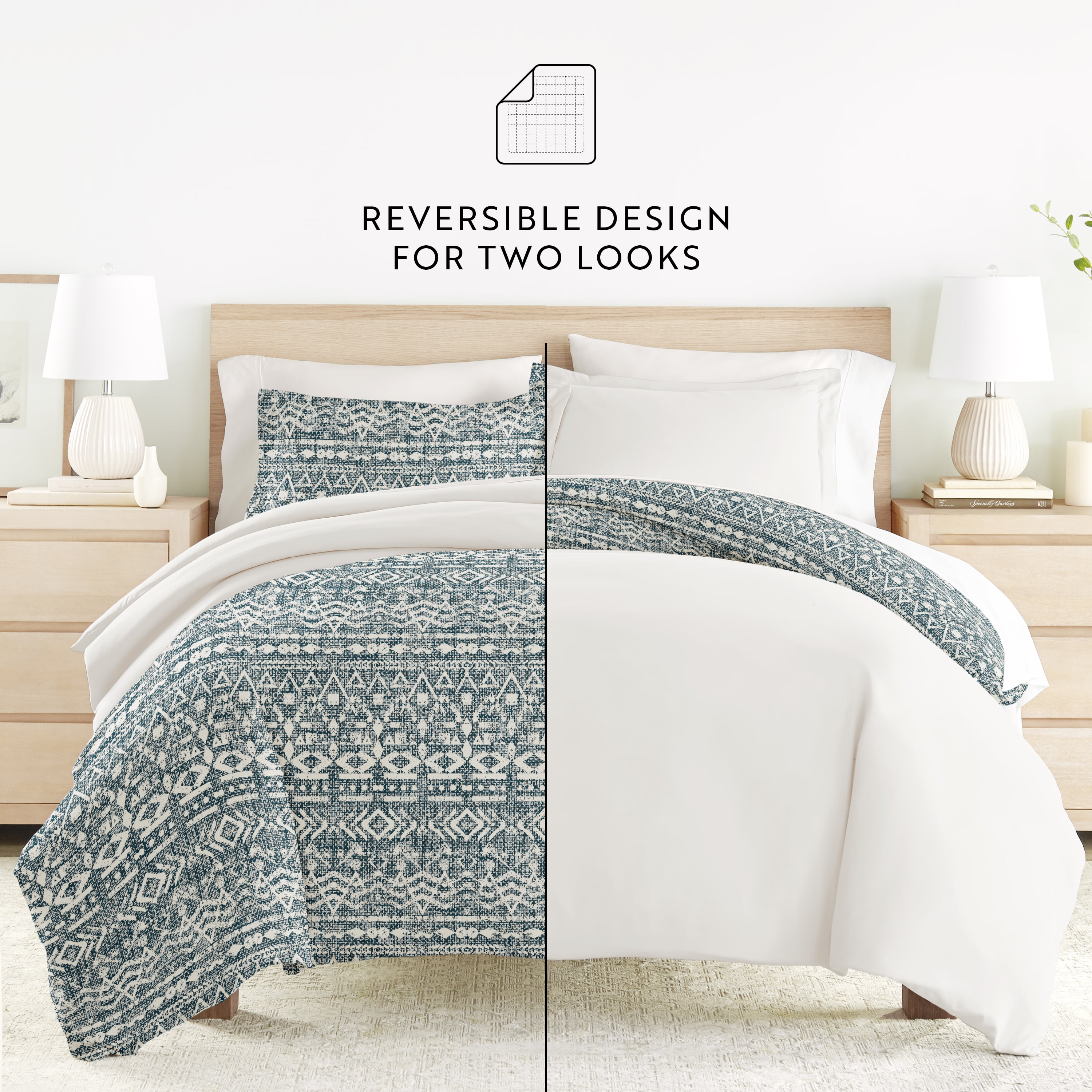 Noble Linens 8 Piece Patterned Duvet Bedding Bundle, Modern Rustic Navy, Cal King