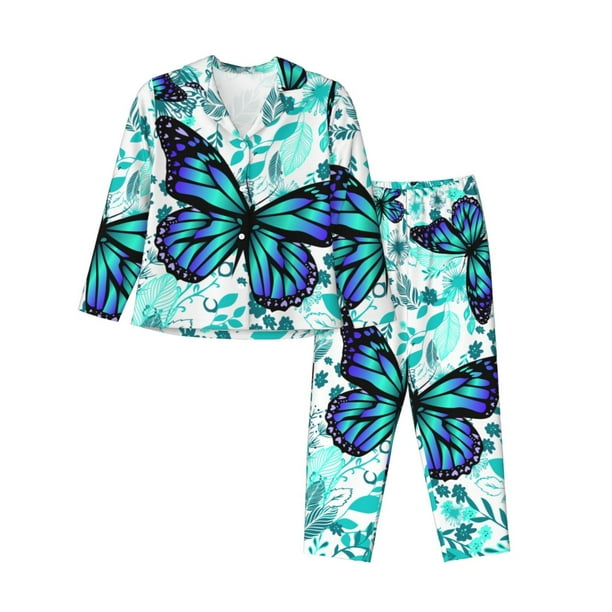 Balery Blue Floral with Butterflies Conjunto de Pijama con Estampado para Mujer, Conjunto de Dos Piezas con Manga Larga, Ropa de Dormir Suave con Bolsillos, Pijamas Cómodos-Large
