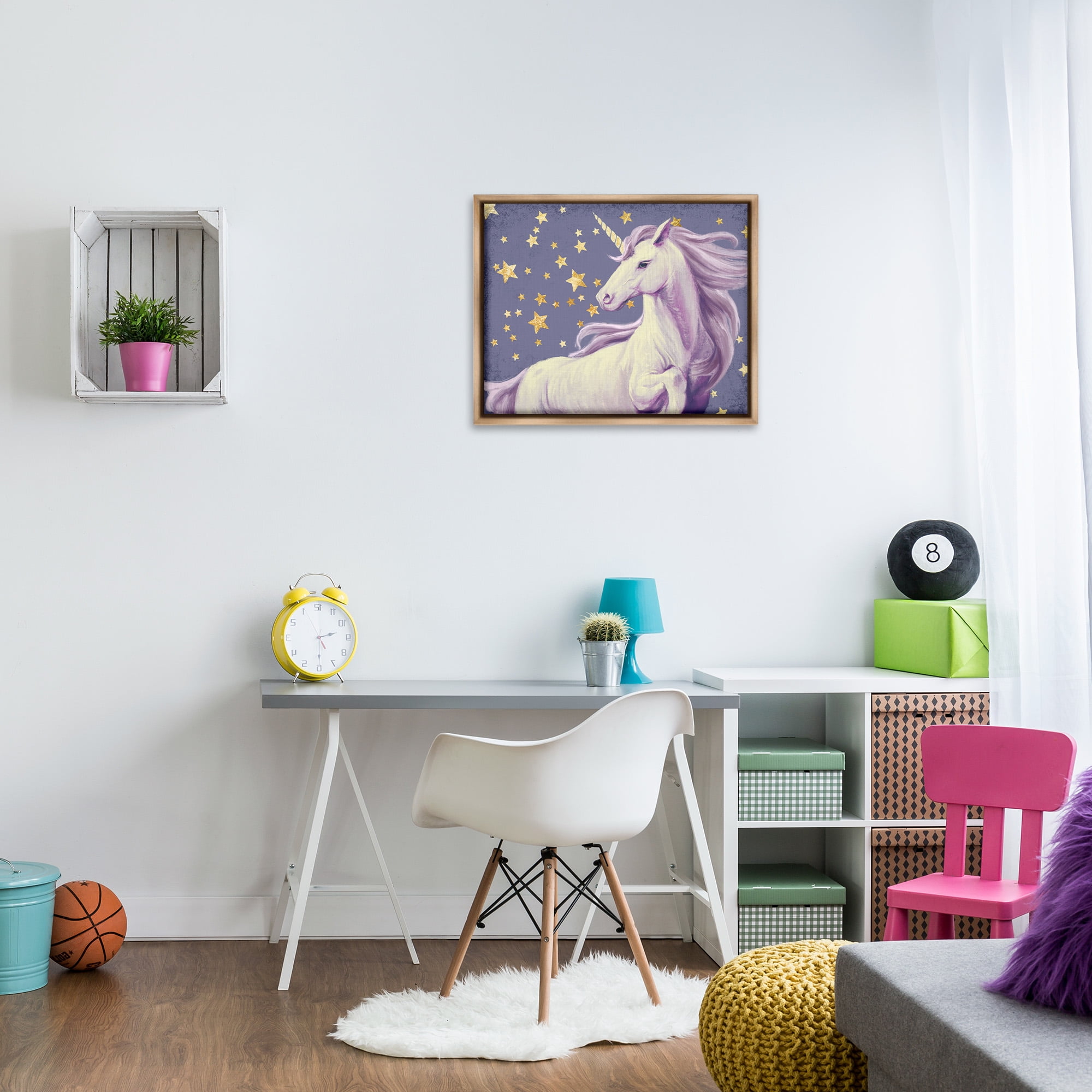 Stupell Industries Purple Unicorn in Starry Sky Fairy Tales & Fantasy Painting Brown Floater Framed Canvas Art Print Wall Art, 31 x 25