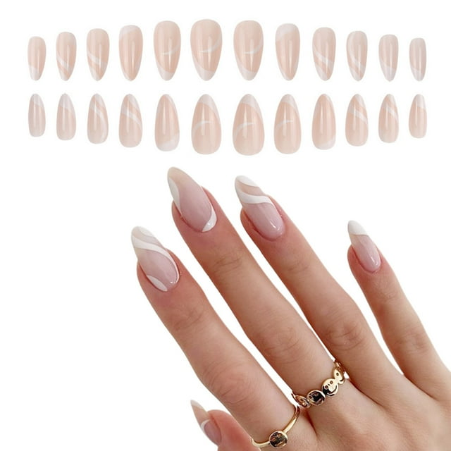 Uñas con diseño de almendras medianas y largas, uñas acrílicas de vórtice blanco desnudo, uñas de mujer, uñas postizas de uso diario, uñas de boda, pueden usar uñas (24PCS)