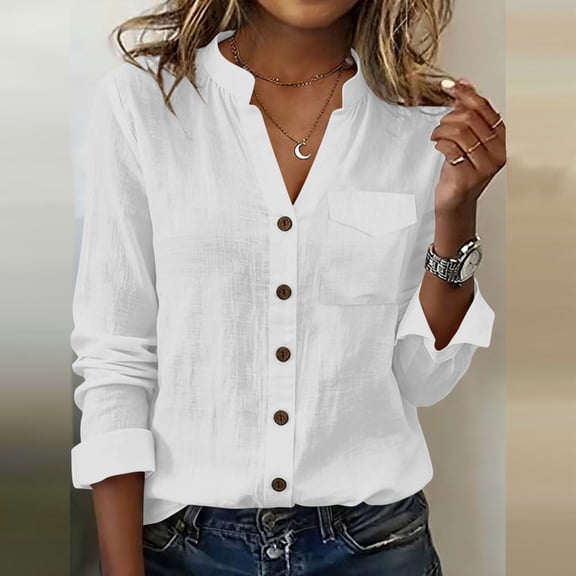 Xdegoge Cotton Linen Shirts for Women V Neck Stand Collar Button Down Long Sleeve Blouses Relaxed Fit Roll-up Sleeve Tops with Pocket Casual Work Office Fashion Tunic Shirts