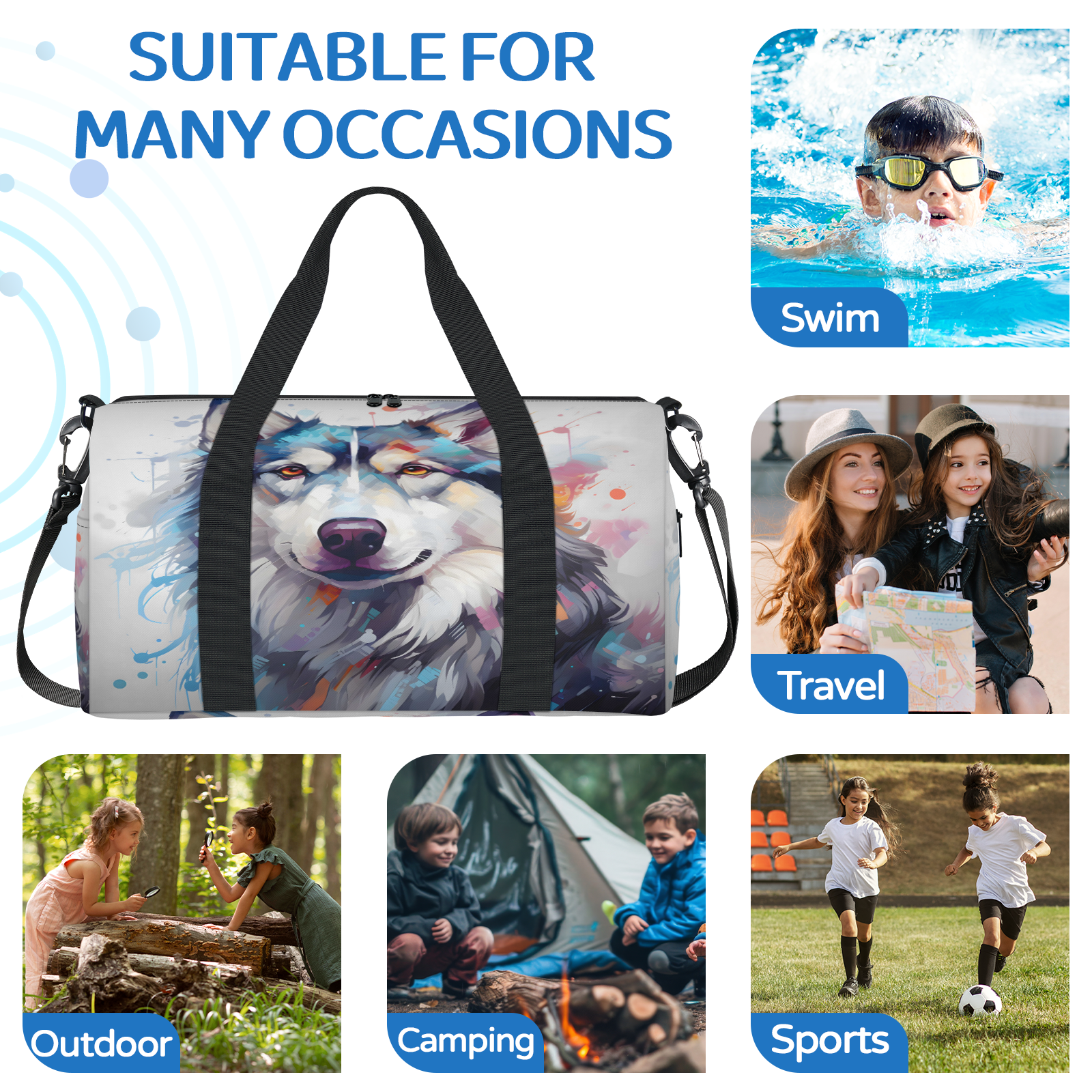 Herdesigns Wtaercolor Husky Dog Gym Bag for Women, Duffle Bag for Travel Sport, Lightweight Waterproof Carry on Weekender Overnight Dance Yoga Workout Bags