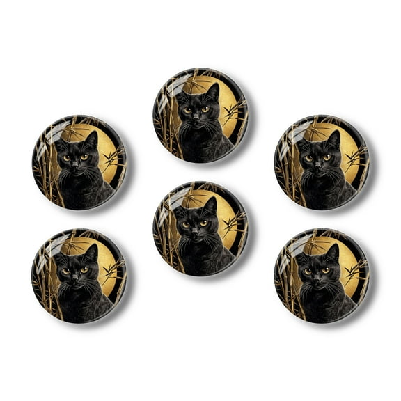 Glass Refrigerator Magnet 6Pcs Magnetic Fridge Sticker,Decor for Kitchen,Whiteboard,Cabinet,Black Cat With Bamboo Leaves In The Background