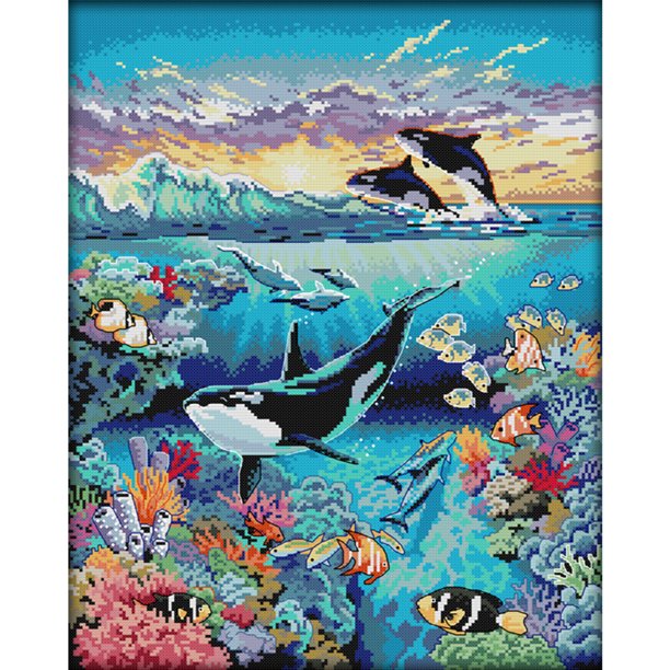 Kit Punto Cruz Sea World Impreso 14 Quilates Con Hilo Bordar (40x49 Cm)