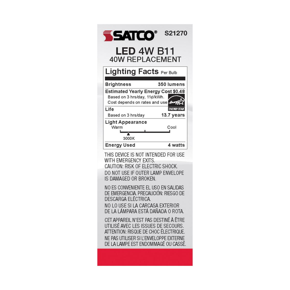SATCO S21270 4W 120V B11 3000K 350 Lumen LED E12 Candelabra Base Light Bulb Dimmable (6 Pack)