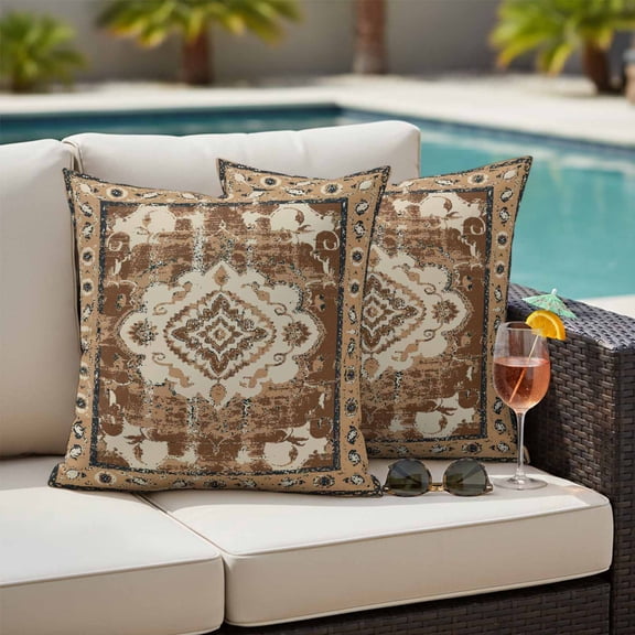 Brown Boho Outdoor Pillow Covers 26x26 Inch Throw Pillow Covers Set of 2 Waterproof Decorative Pillow Cases Retro Western Rustic Ethnic Tribal Patterns Cushion Covers for Patio Furniture Garden Couch