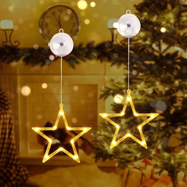 Luces LED de Navidad con forma de estrella, funciona con pilas, con ventosa y temporizador, para interiores, color blanco cálido y rosa, para decoración navideña, balcones, fiestas y bodas (2